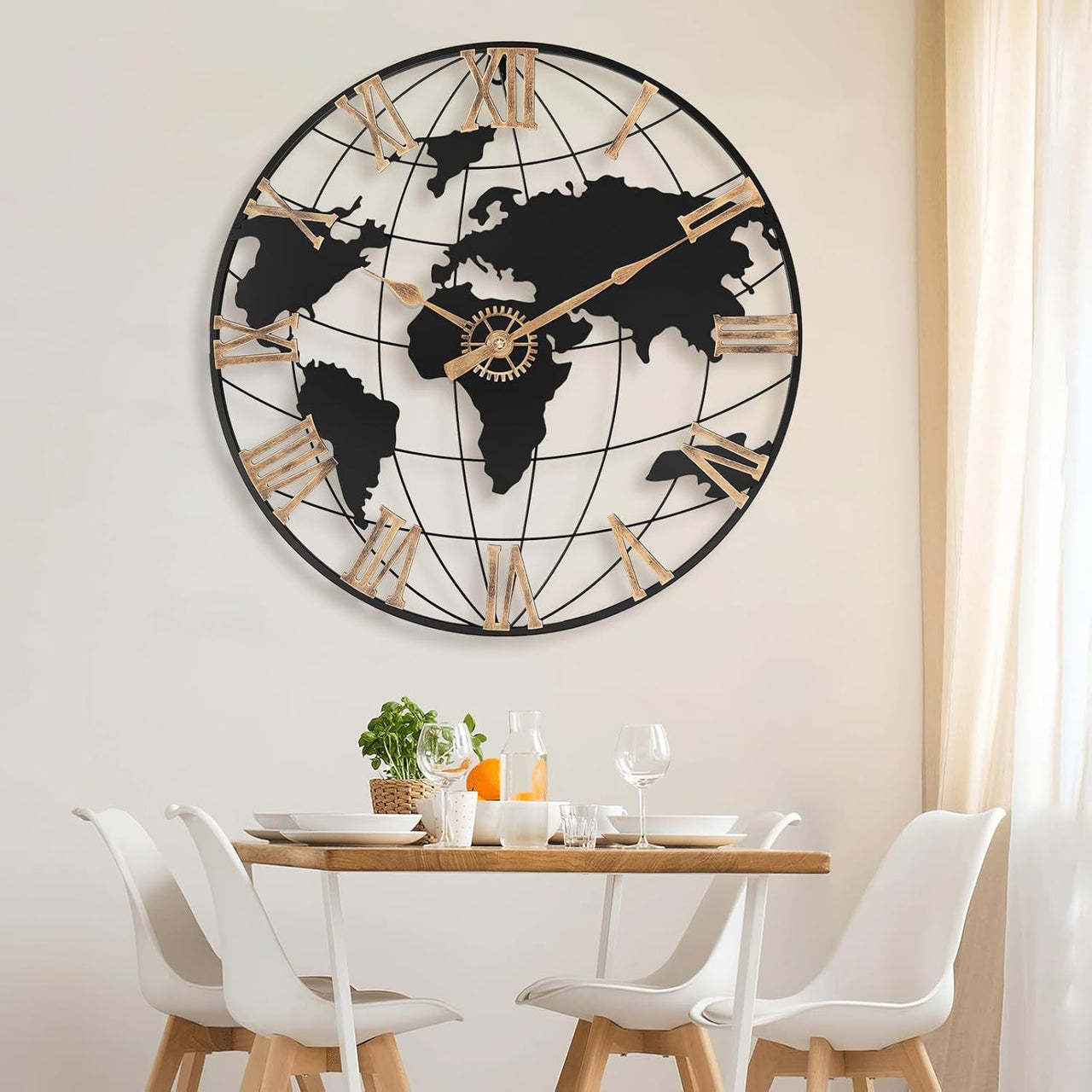 Large Map Metal Minimalist Round Silent Wall Clock