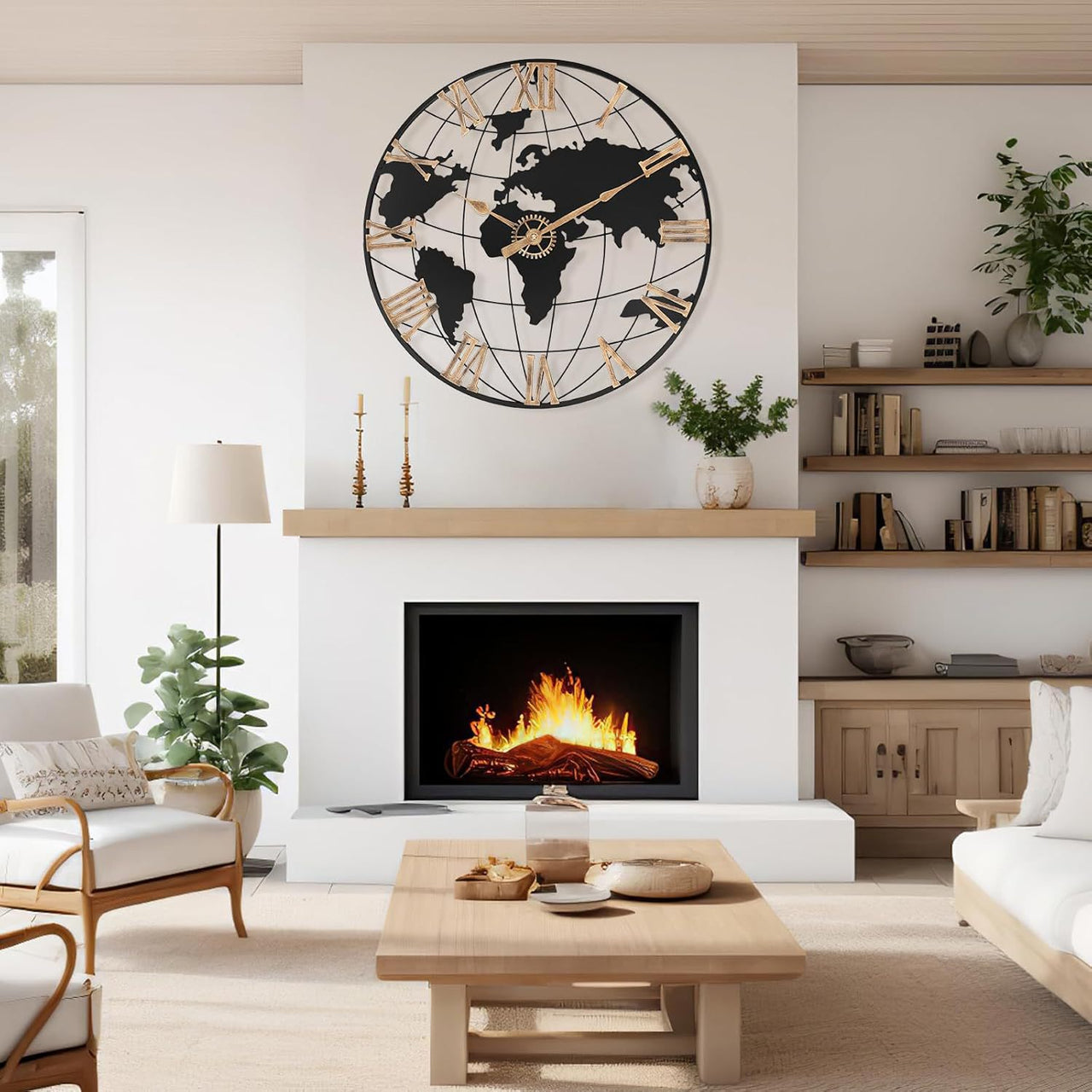 Large Map Metal Minimalist Round Silent Wall Clock