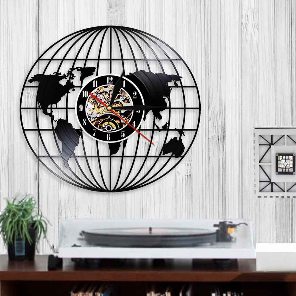 World Map Vinyl Record Designed Wall Clocks