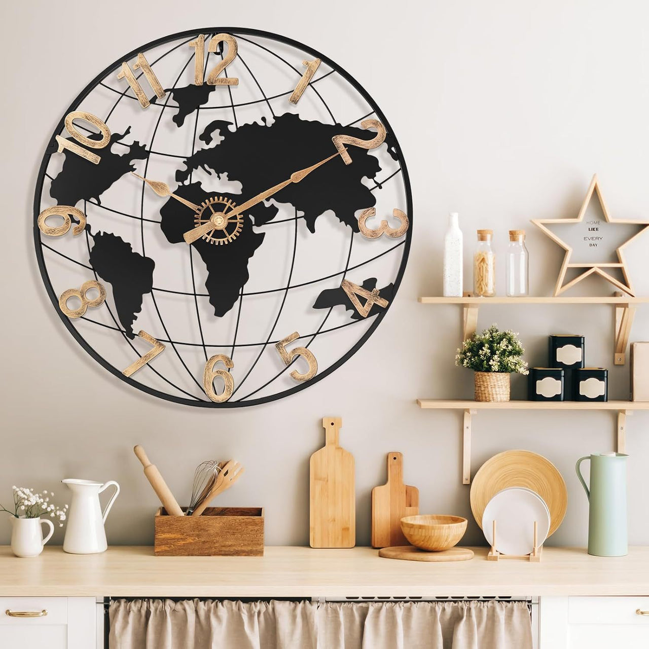 Large Map Metal Minimalist Round Silent Wall Clock