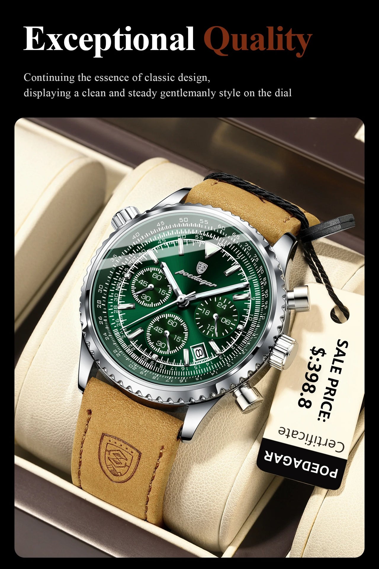 Luxury Military-Inspired Men's Quartz Watch: Premium Leather Strap, Waterproof Design with Chronograph, Date & Luminous Display