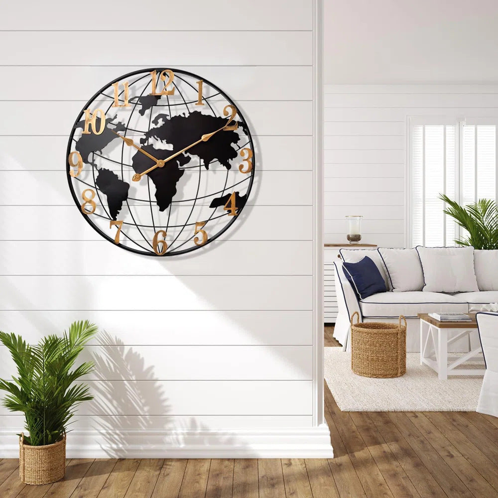 Large Map Metal Minimalist Round Silent Wall Clock
