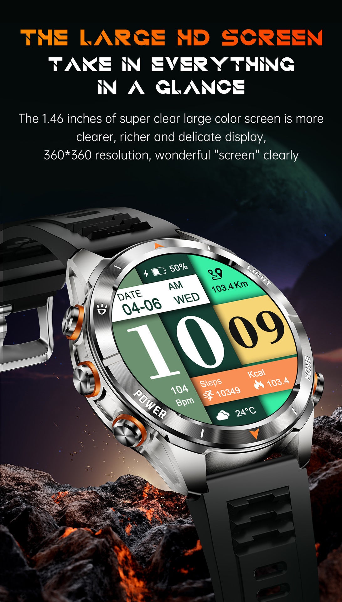 KT88 Sports Smart Watch: 1.7 Inch Fitness Recording Flashlight, Compass & Large Battery