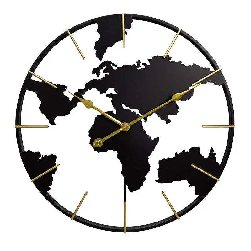 Large Map Metal Minimalist Round Silent Wall Clock