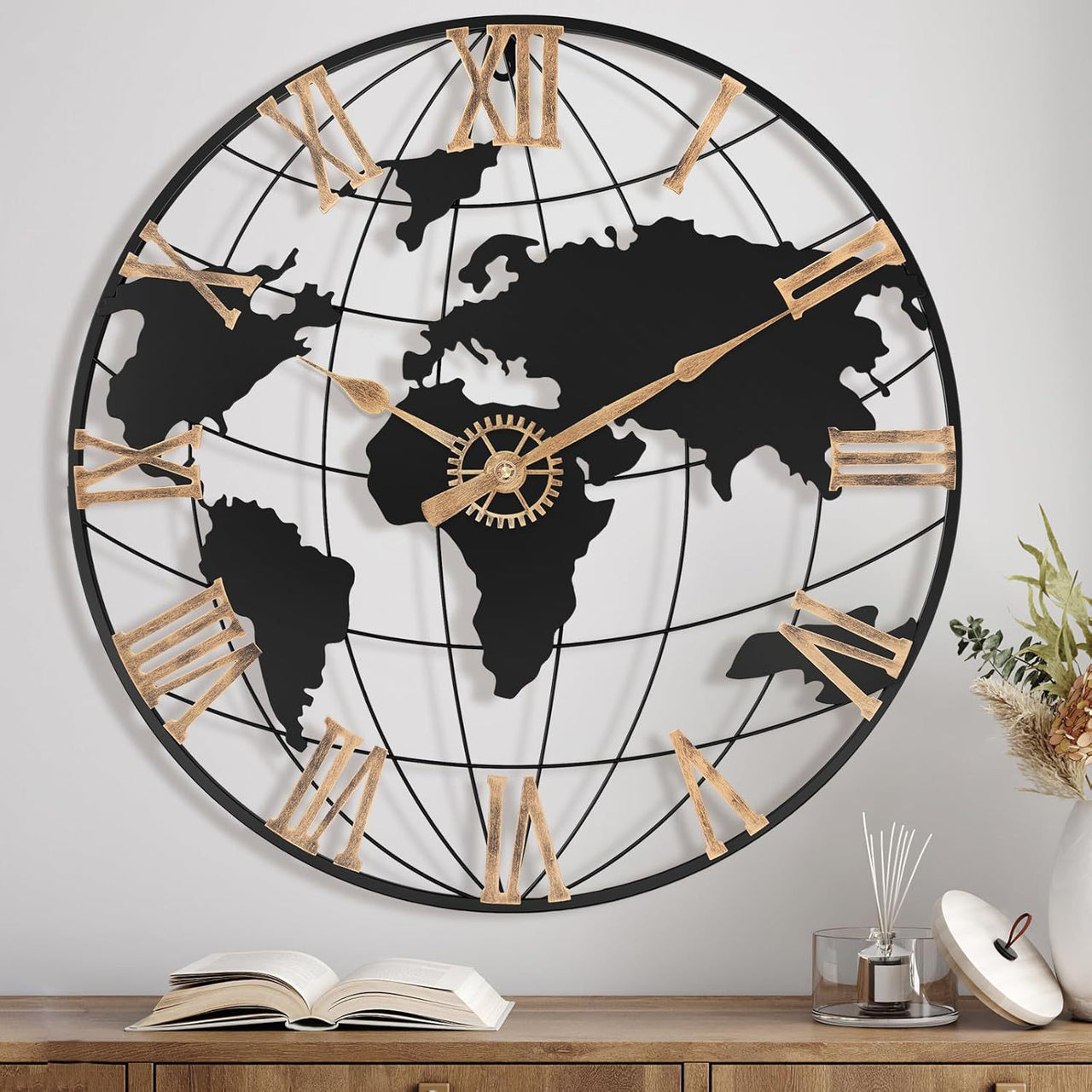 Large Map Metal Minimalist Round Silent Wall Clock