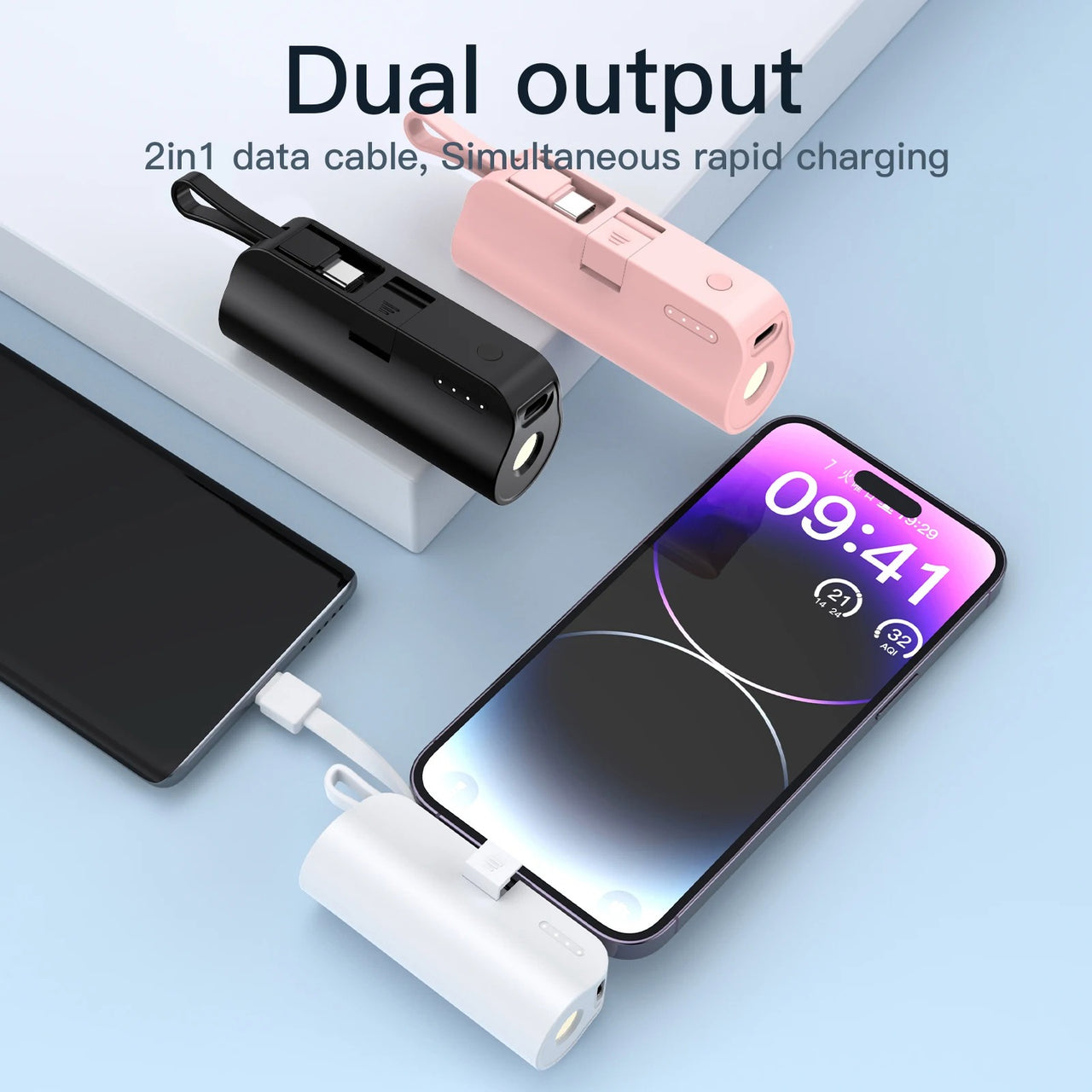 5000mAh Mini Mobile Charger: Built-in Cable/LED Light