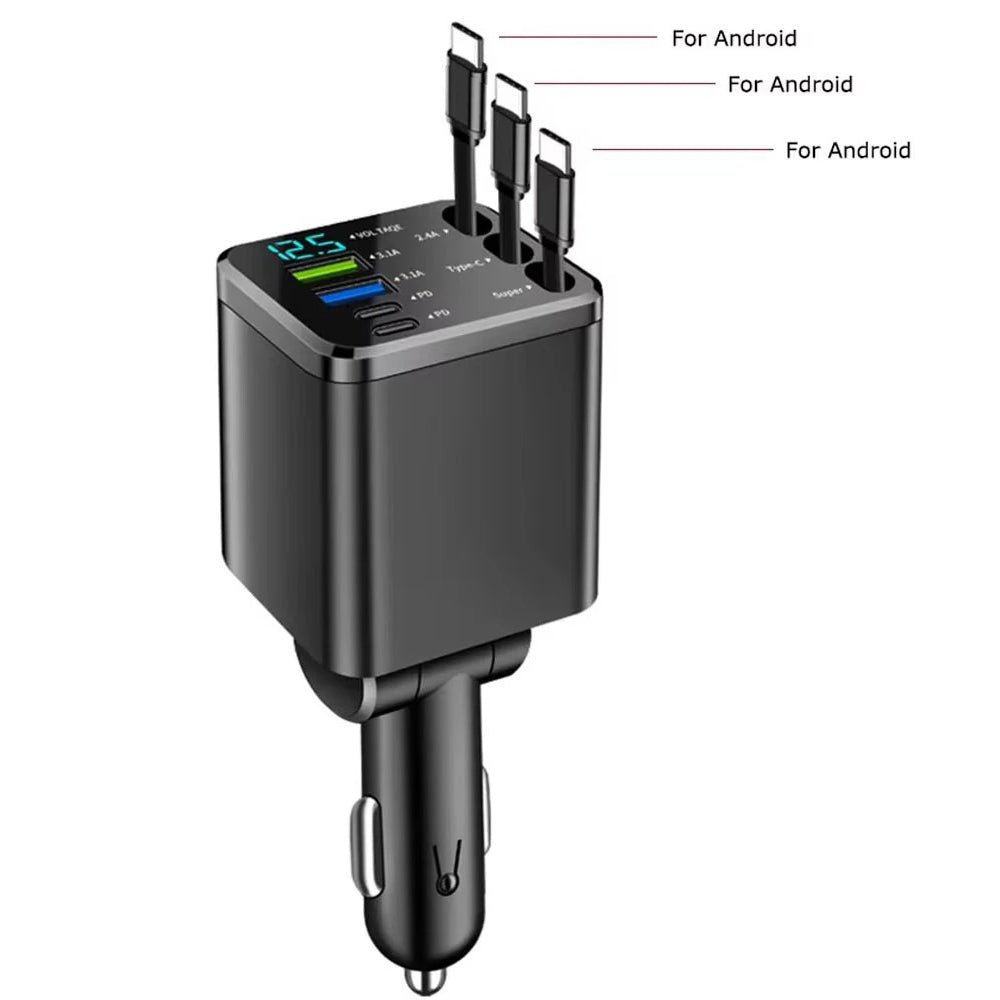 Car Charger: Cigarette Lighter Adapter, Voltage Display, Retractable Cable (For iOS/Android)