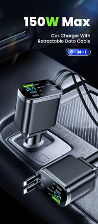 Thumbnail for Car Charger: Cigarette Lighter Adapter, Voltage Display, Retractable Cable (For iOS/Android)