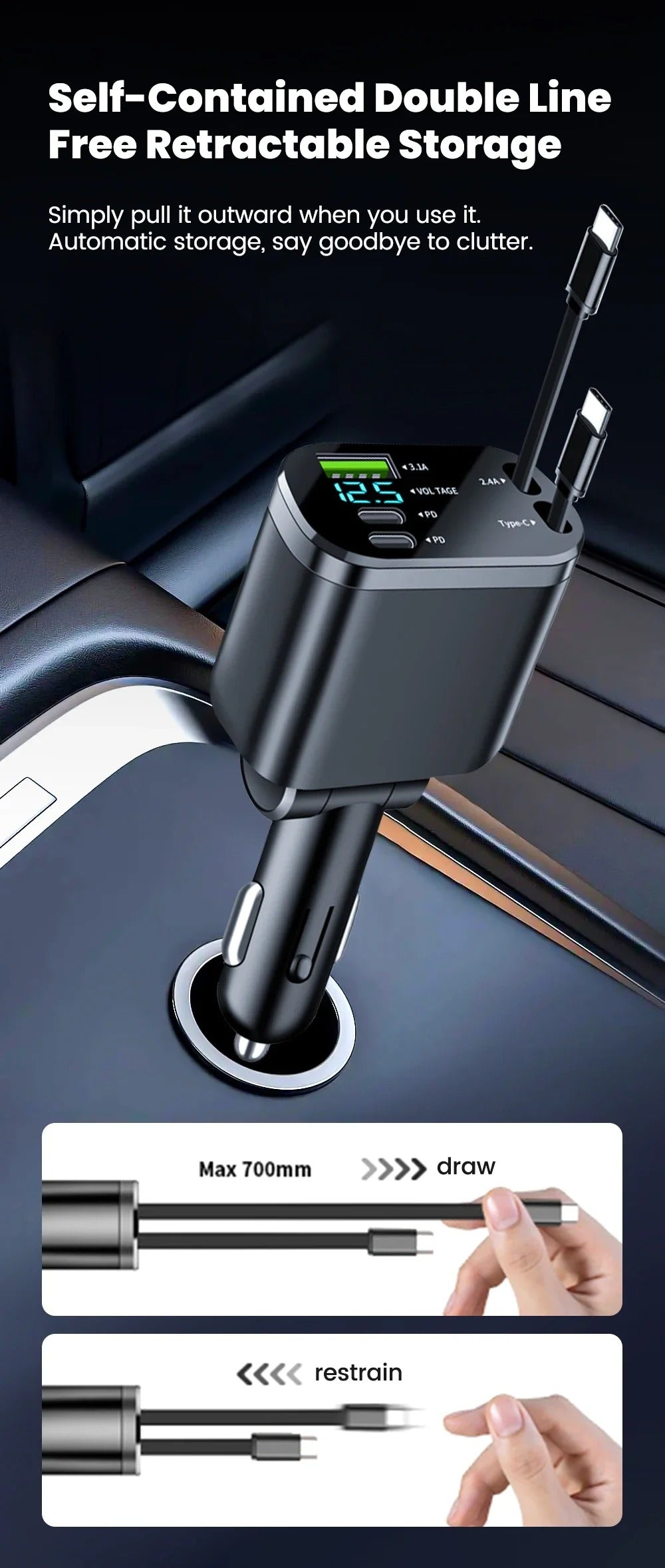 Car Charger: Cigarette Lighter Adapter, Voltage Display, Retractable Cable (For iOS/Android)