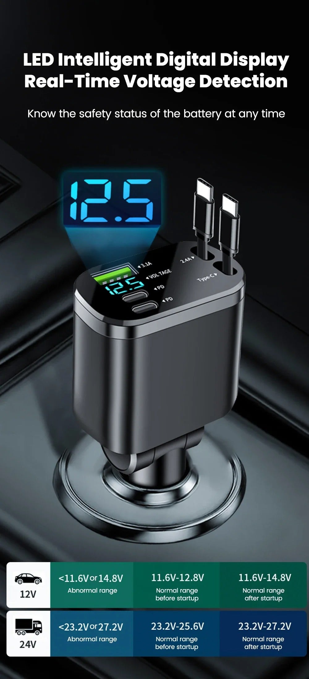 Car Charger: Cigarette Lighter Adapter, Voltage Display, Retractable Cable (For iOS/Android)