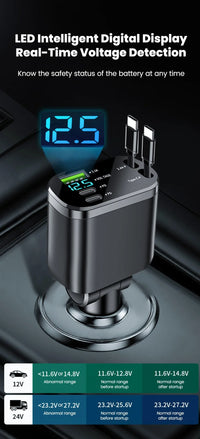 Thumbnail for Car Charger: Cigarette Lighter Adapter, Voltage Display, Retractable Cable (For iOS/Android)