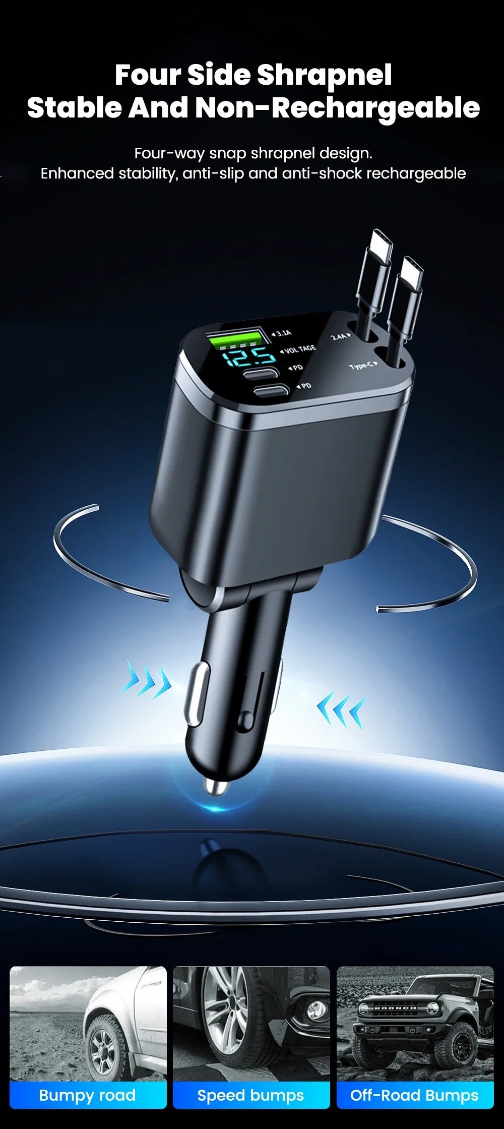 Car Charger: Cigarette Lighter Adapter, Voltage Display, Retractable Cable (For iOS/Android)