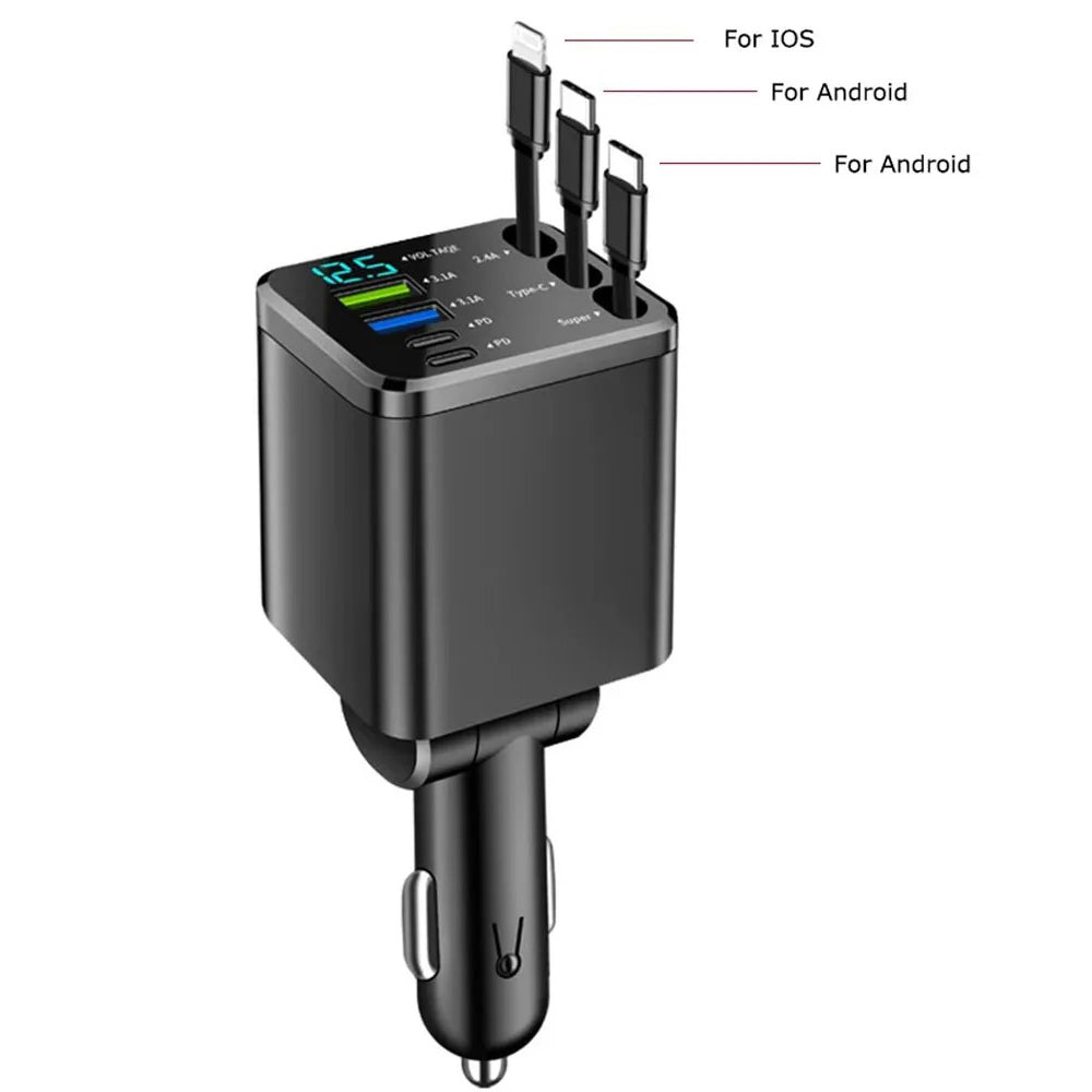 Car Charger: Cigarette Lighter Adapter, Voltage Display, Retractable Cable (For iOS/Android)