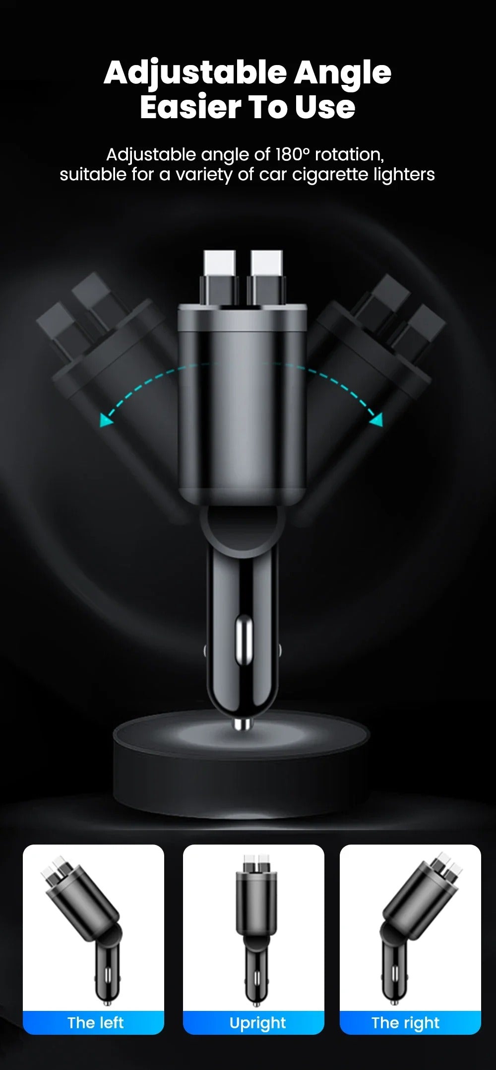 Car Charger: Cigarette Lighter Adapter, Voltage Display, Retractable Cable (For iOS/Android)