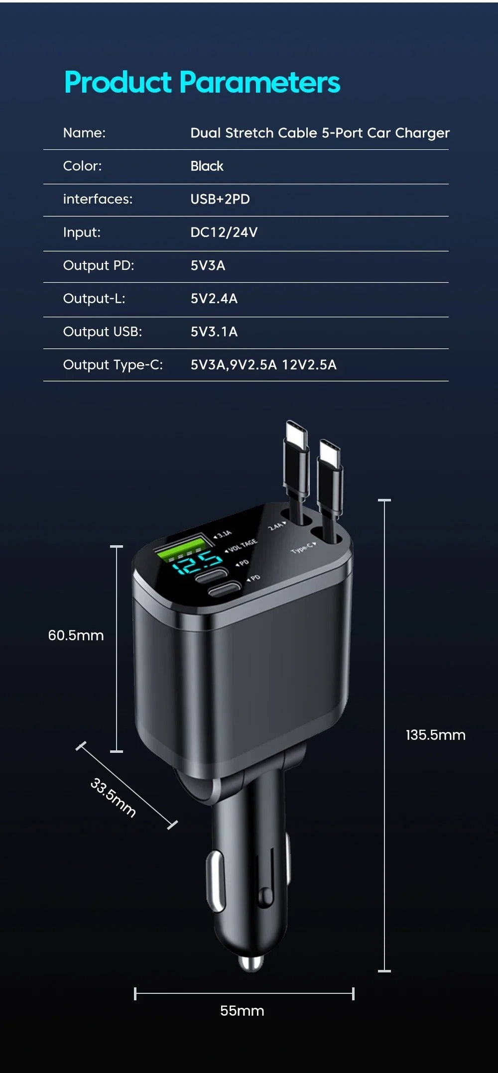 Car Charger: Cigarette Lighter Adapter, Voltage Display, Retractable Cable (For iOS/Android)