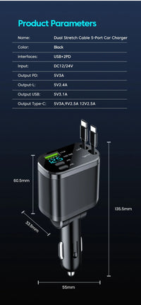 Thumbnail for Car Charger: Cigarette Lighter Adapter, Voltage Display, Retractable Cable (For iOS/Android)