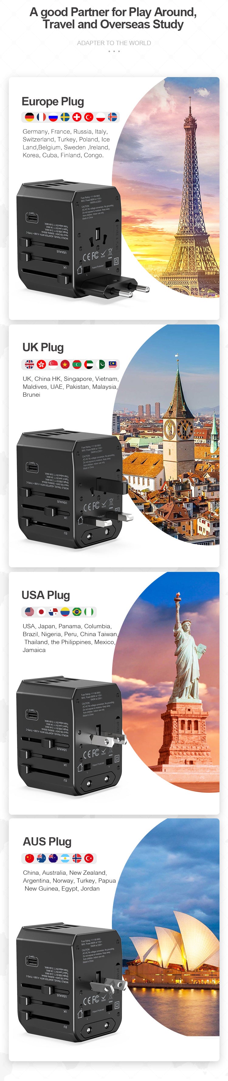 Melery International Travel Adapter with USB-C Charger