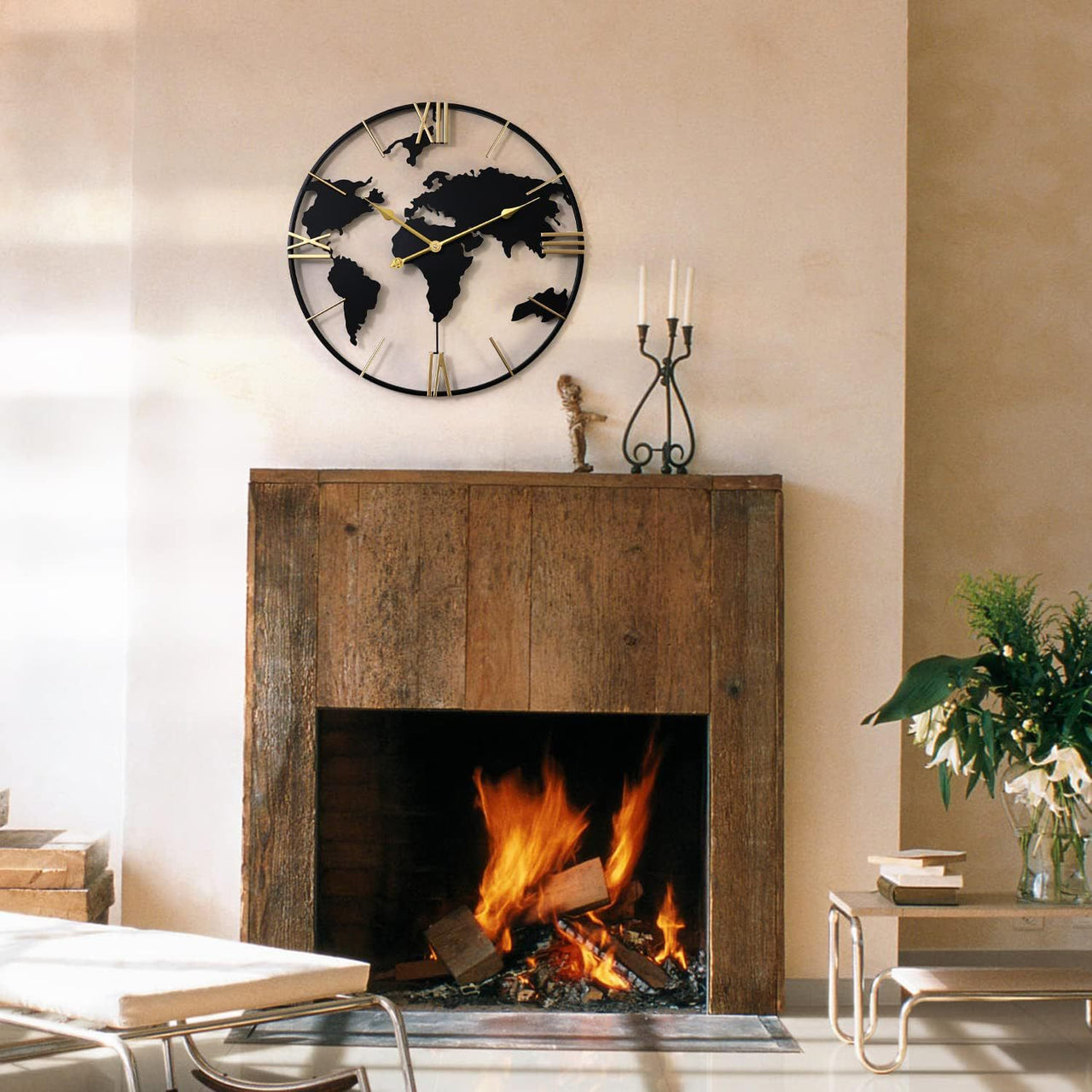 Large Map Metal Minimalist Round Silent Wall Clock