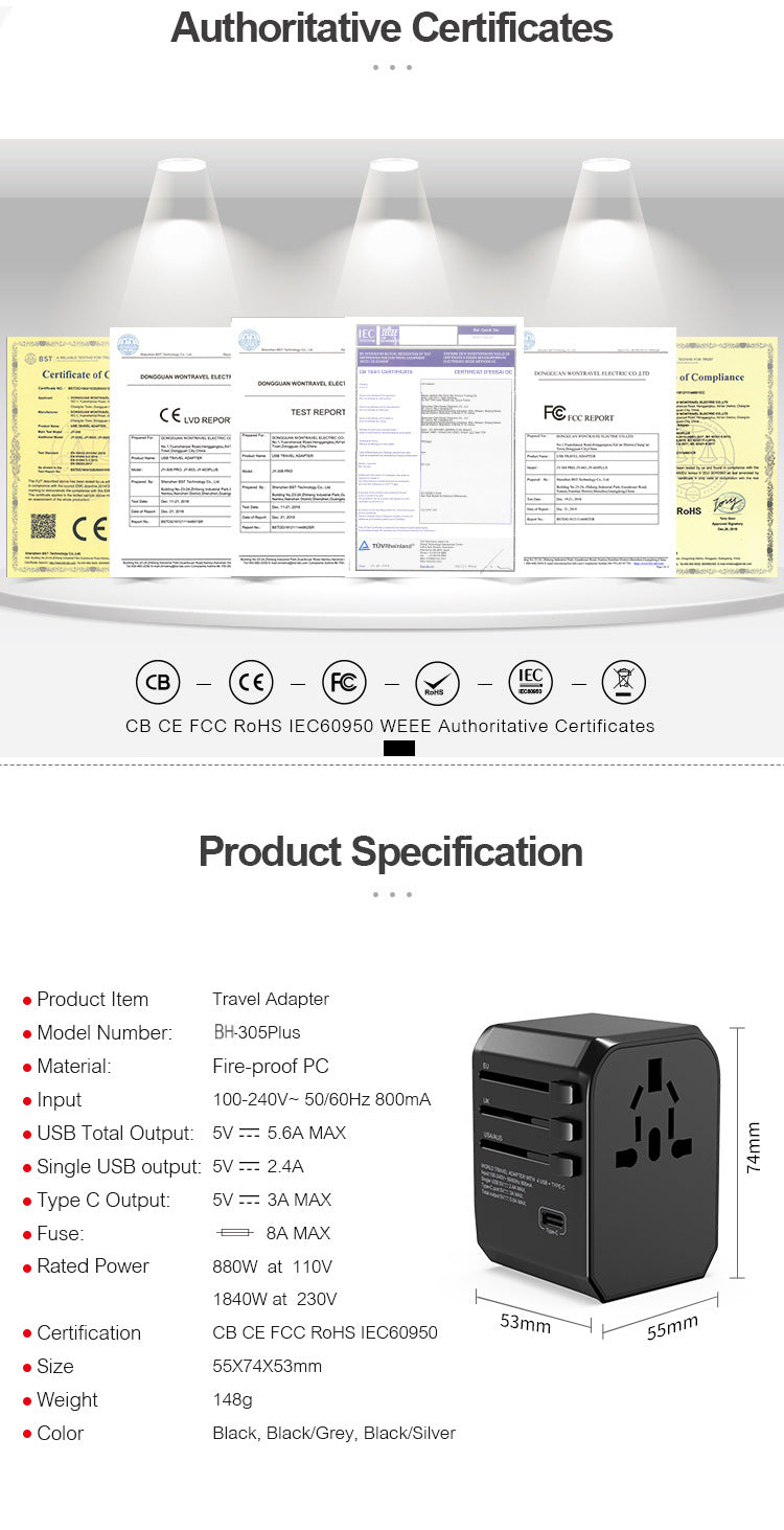 Melery International Travel Adapter with USB-C Charger
