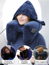 Thumbnail for Inflatable U-Shaped Hooded Travel Neck Pillow: Portable (with Blackout Windproof Cap)