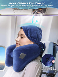 Thumbnail for Inflatable U-Shaped Hooded Travel Neck Pillow: Portable (with Blackout Windproof Cap)