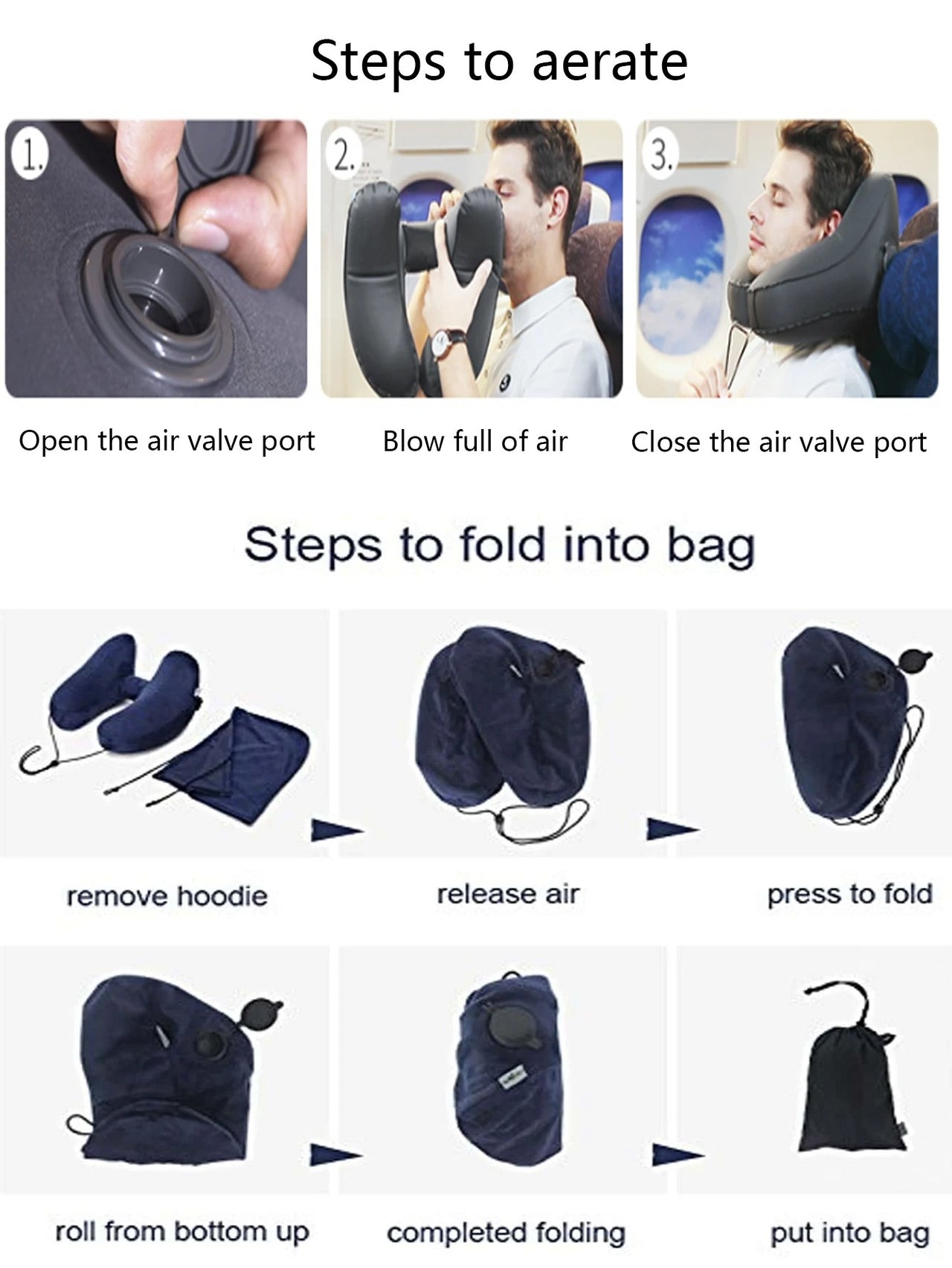 Inflatable U-Shaped Hooded Travel Neck Pillow: Portable (with Blackout Windproof Cap)