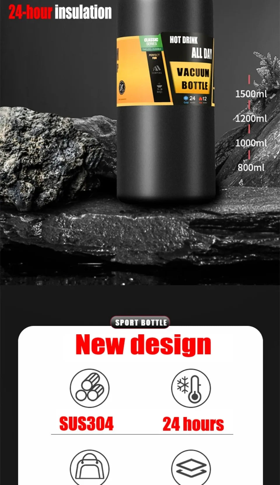 Portable Thermos with Straw Outdoor Sport 304 Stainless Steel Thermal Mug Tumbler Travel Outdoor Vacuum Flasks Hot Water Bottle