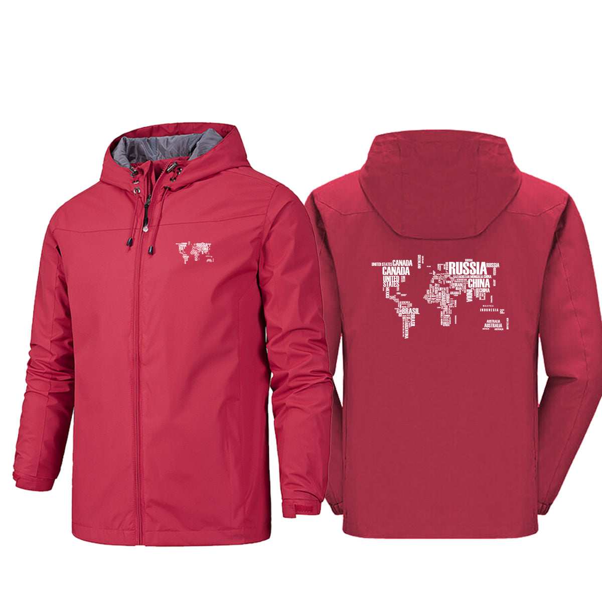 World Map (Text) Designed Rain Jackets & Windbreakers