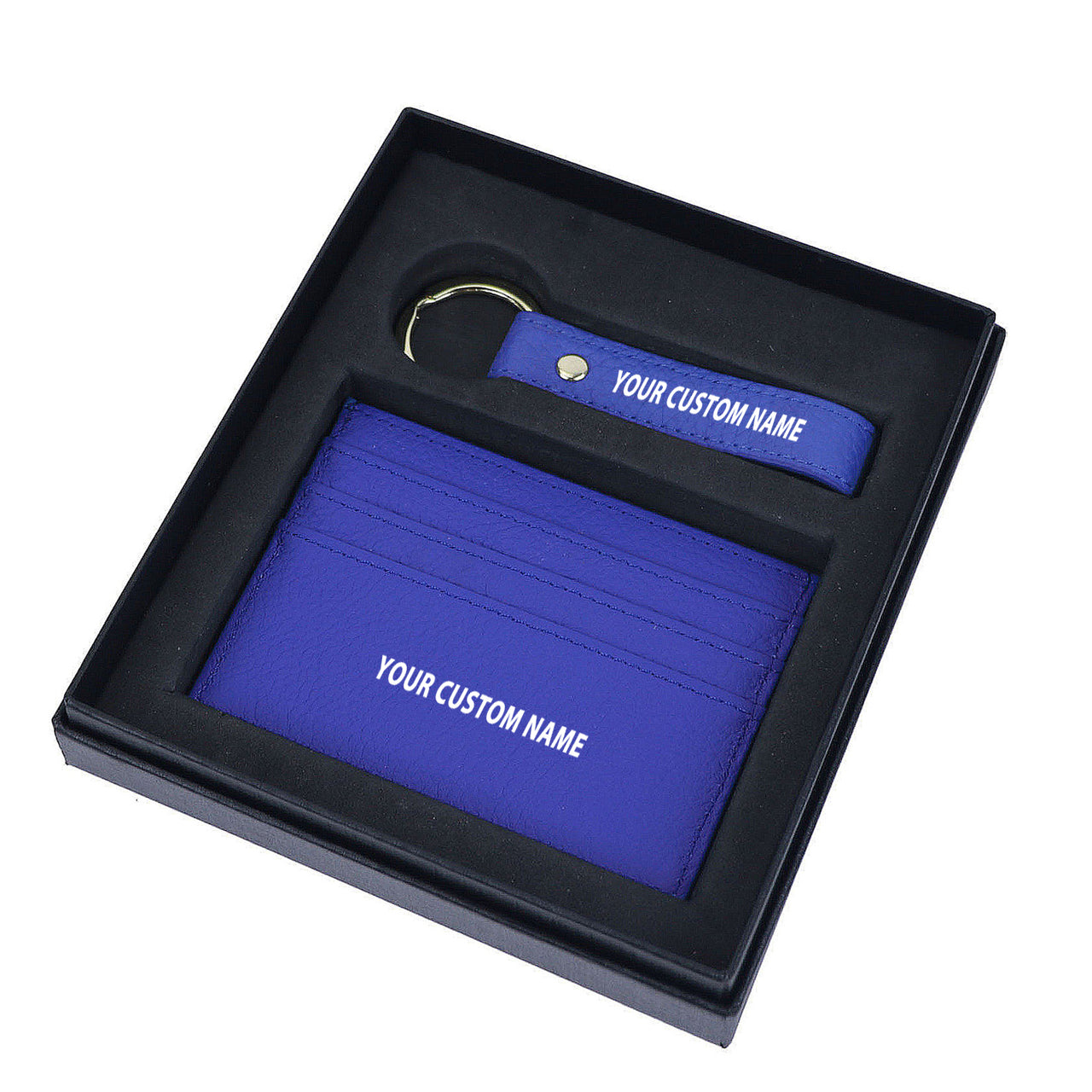 Your Custom Name Genuine Leather Cardholder Key Ring Gift Box Set