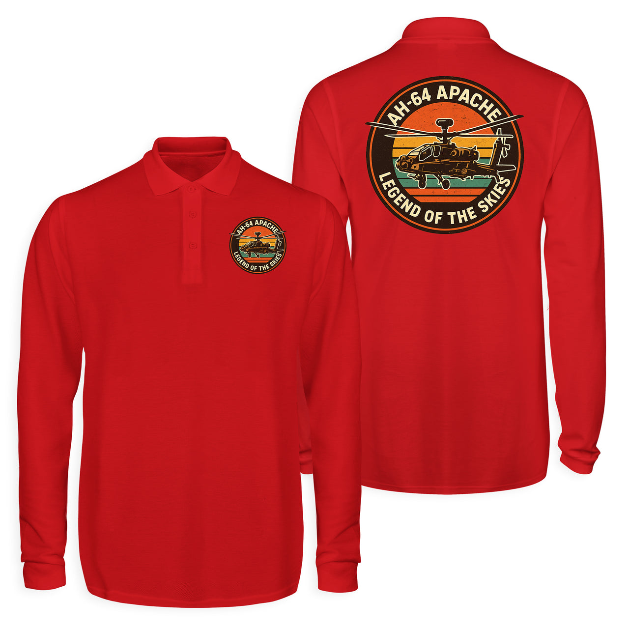 Retro Apache AH-64 Designed Long Sleeve Polo T-Shirts (Double-Side)