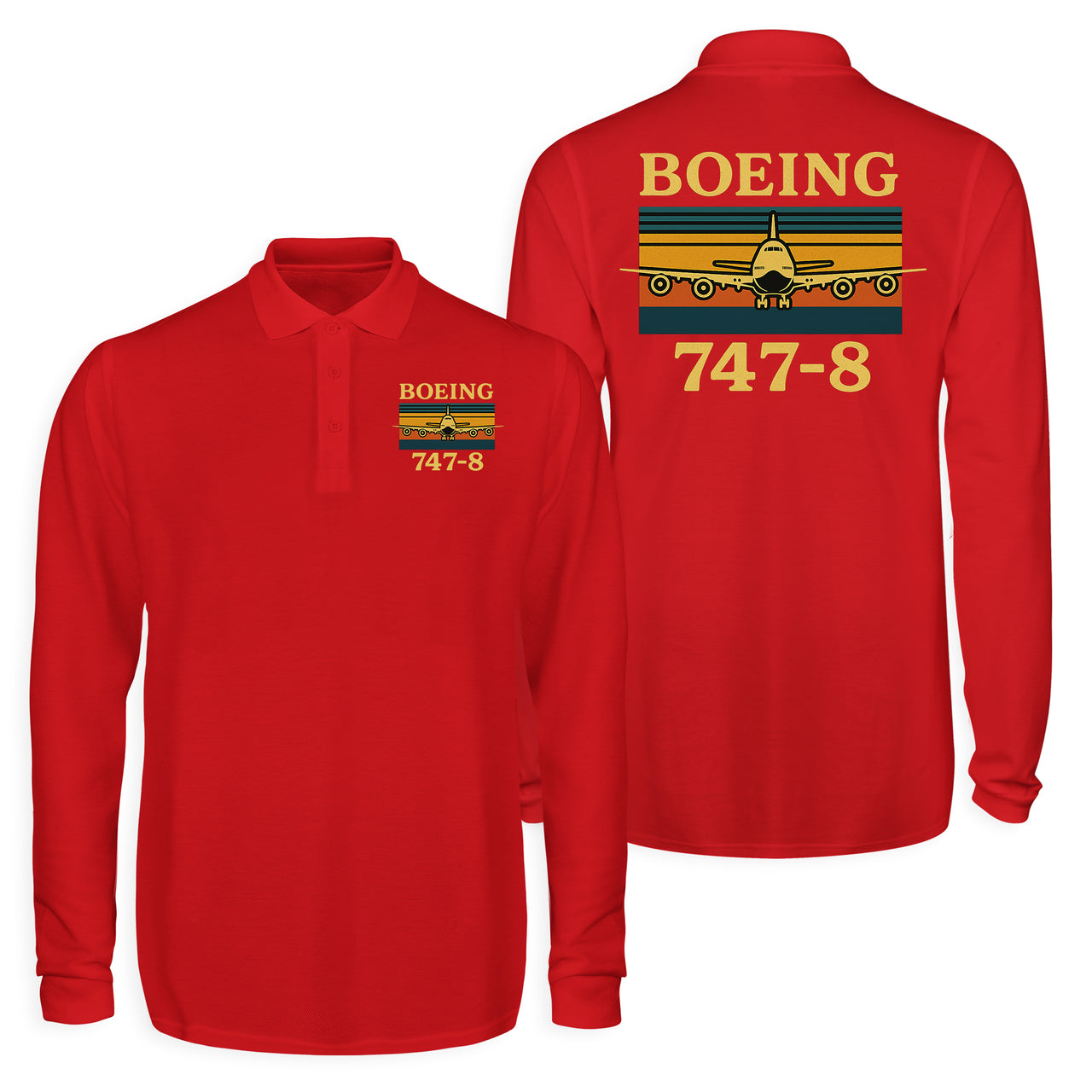 Retro Boeign 747-8 Designed Long Sleeve Polo T-Shirts (Double-Side)