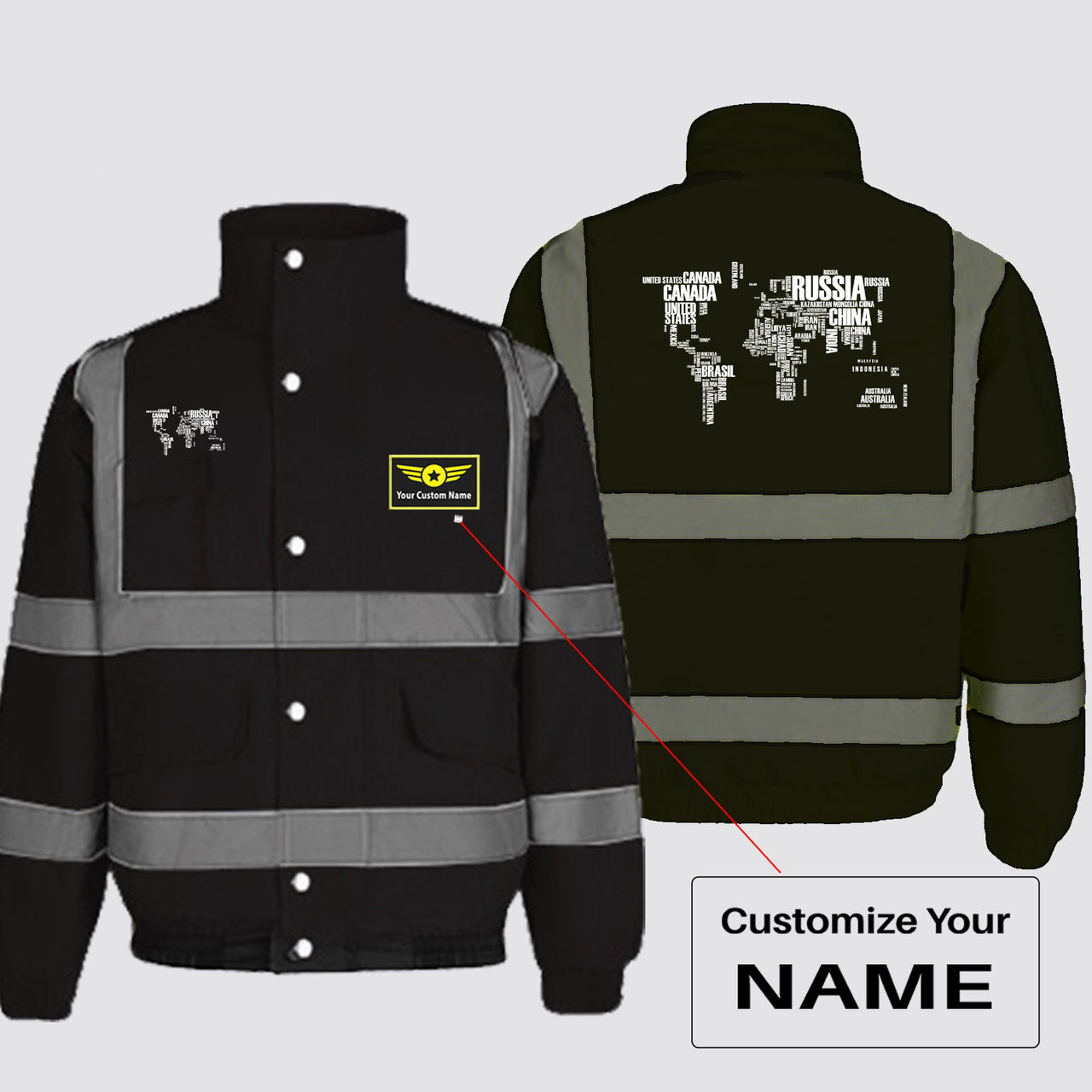 World Map (Text) Designed Reflective Winter Jackets