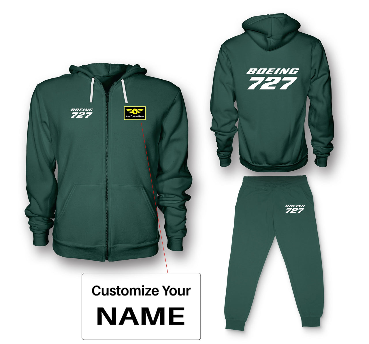 Boeing 727 & Text Designed Zipped Hoodies & Sweatpants Set