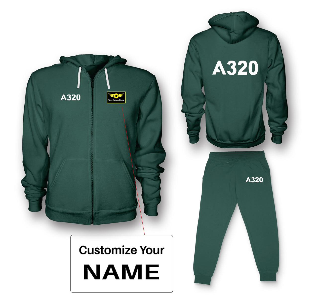 A320 Flat Text Designed Zipped Hoodies & Sweatpants Set