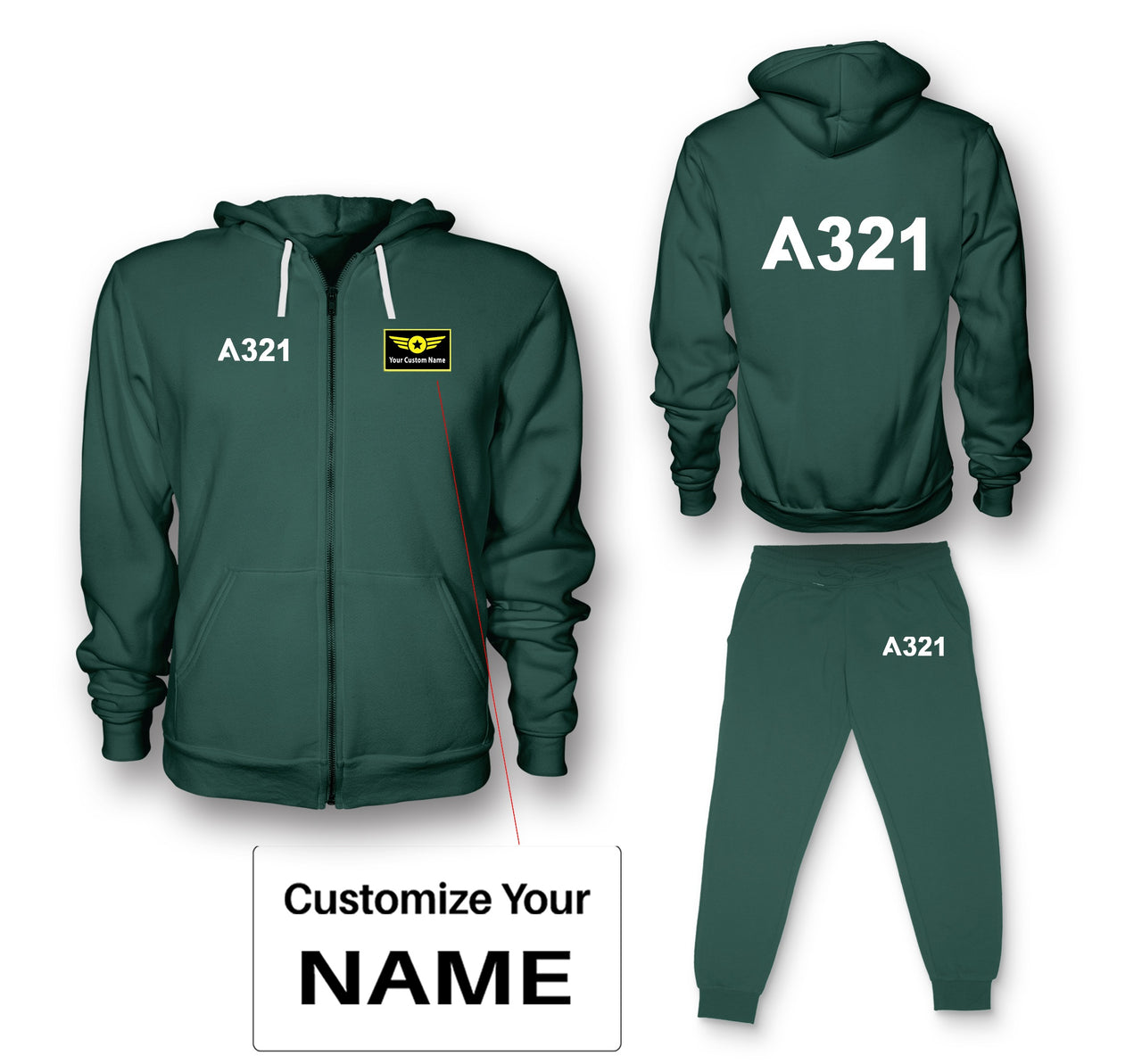 A321 Flat Text Designed Zipped Hoodies & Sweatpants Set