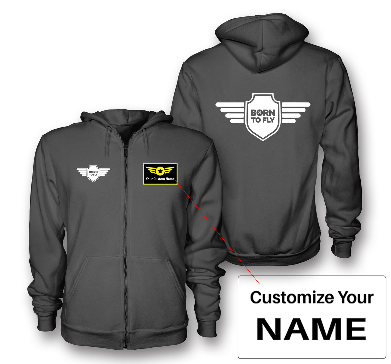 Born To Fly & Badge Designed Zipped Hoodies
