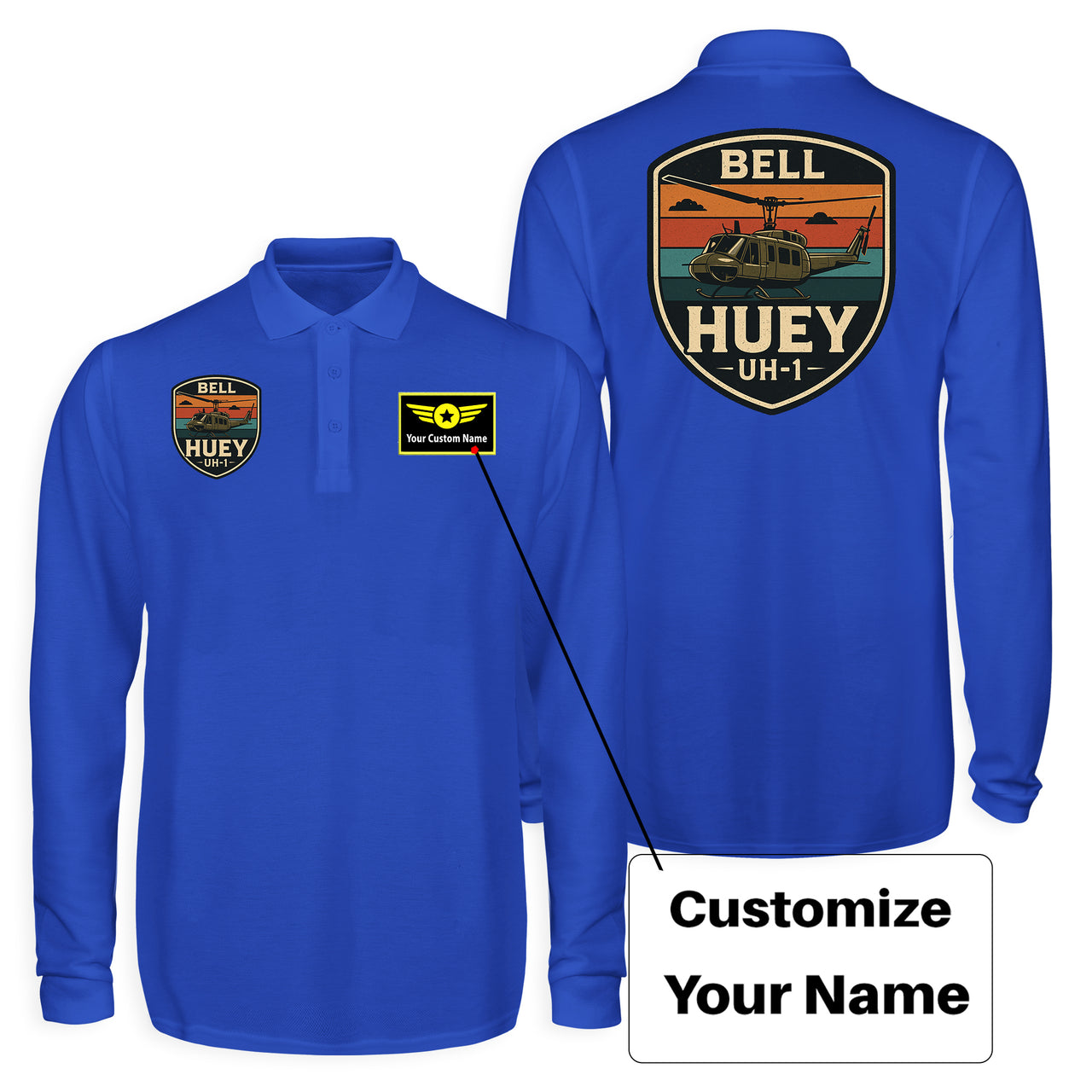 Retro BELL HUEY UH-1 Designed Long Sleeve Polo T-Shirts (Double-Side)