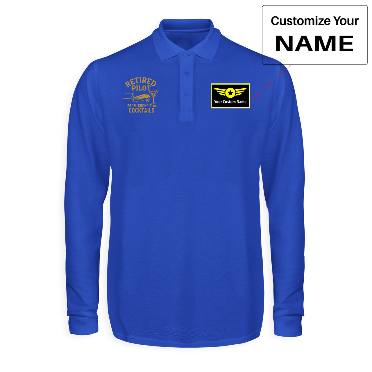 Retired Pilot & Coctails Designed Long Sleeve Polo T-Shirts