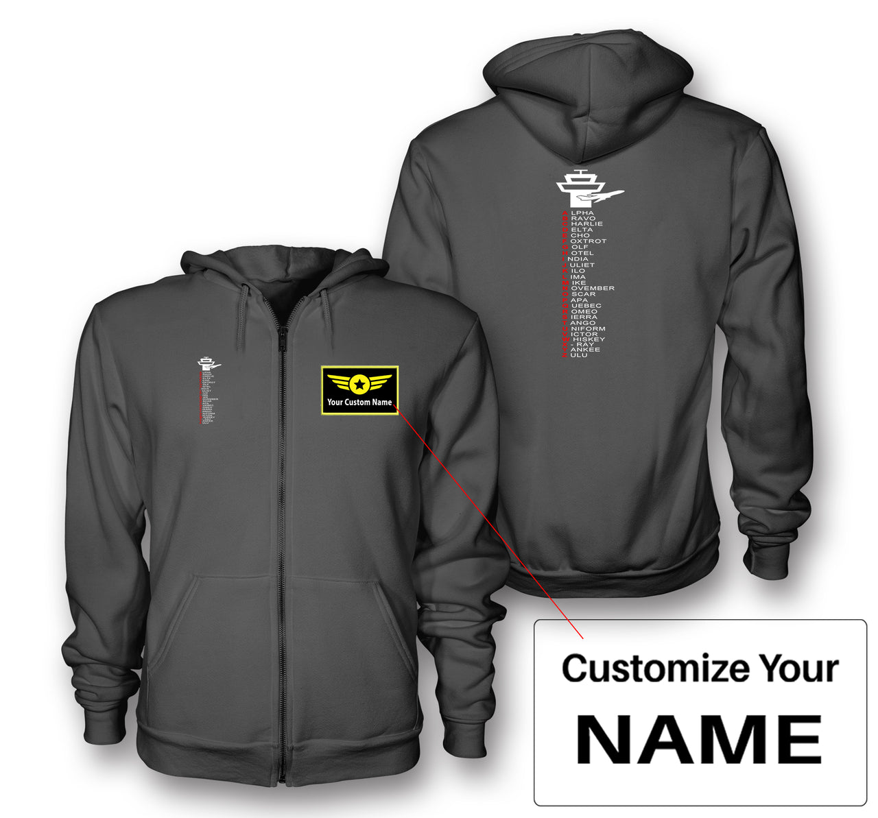 Aviation Alphabet Designed Zipped Hoodies