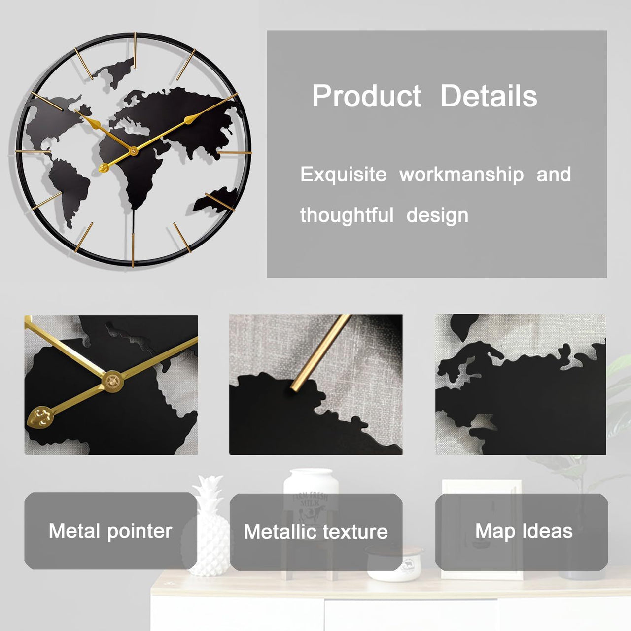 Large Map Metal Minimalist Round Silent Wall Clock