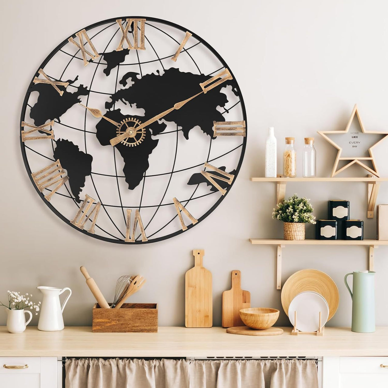 Large Map Metal Minimalist Round Silent Wall Clock