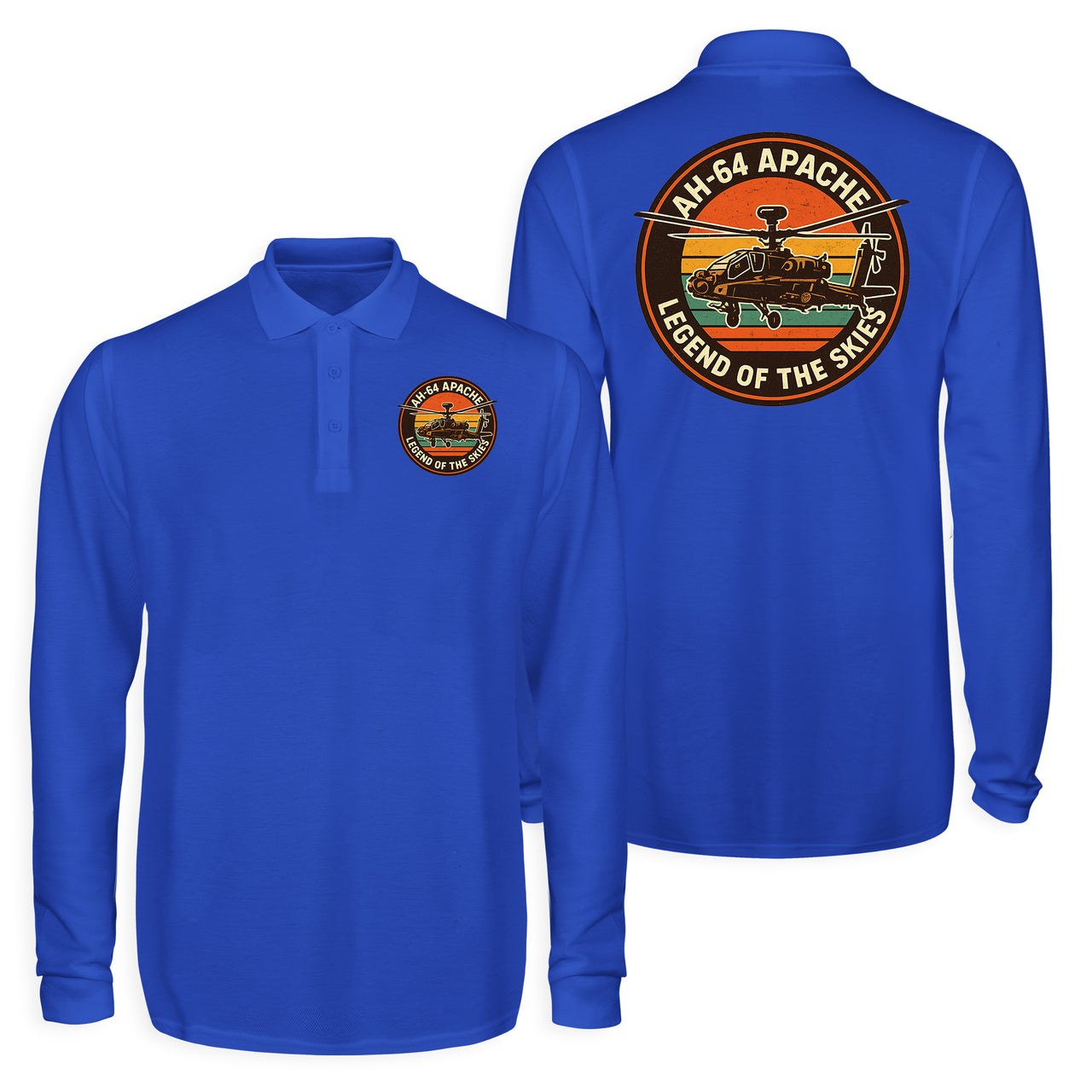Retro Apache AH-64 Designed Long Sleeve Polo T-Shirts (Double-Side)