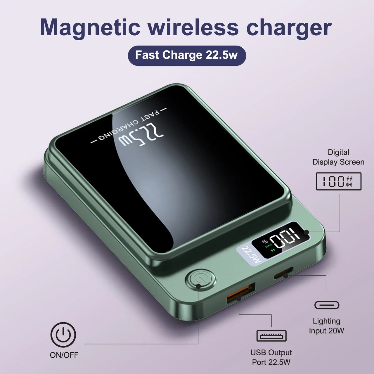 10000mAh Magnetic Wireless Power Bank: 22.5W USB-C, Foldable Stand, LED Display