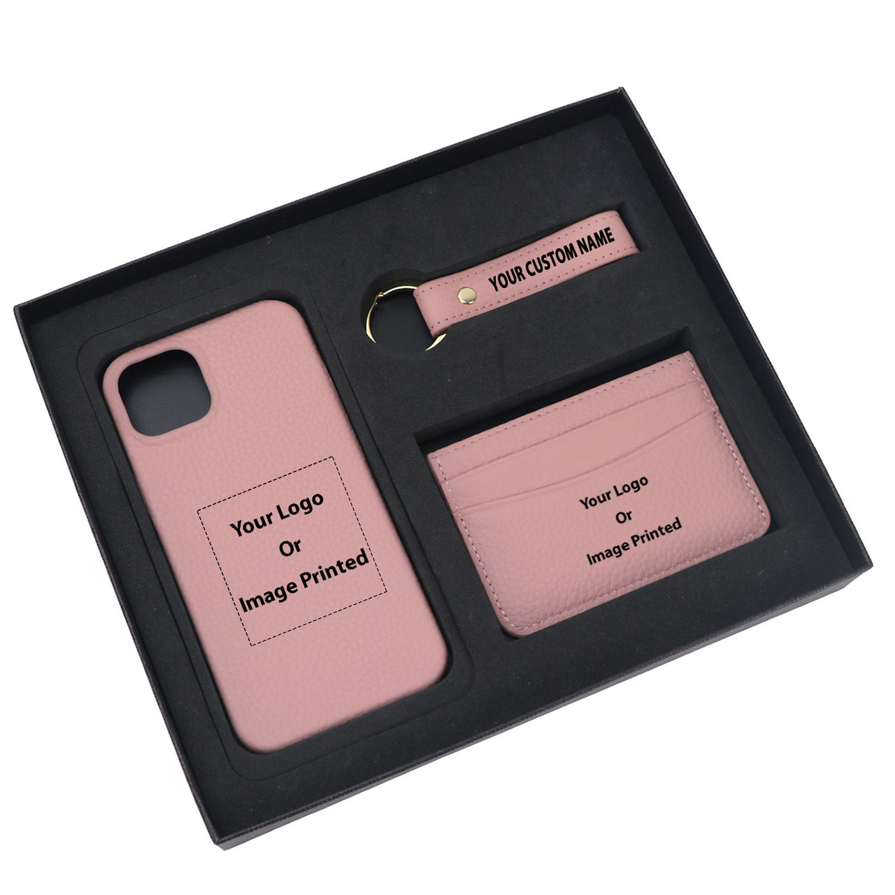 Your Custom Design & Image & Logo & Text Design Pebble Leather Phone Case For iPhone Keychain Card Holder Business Gift Set