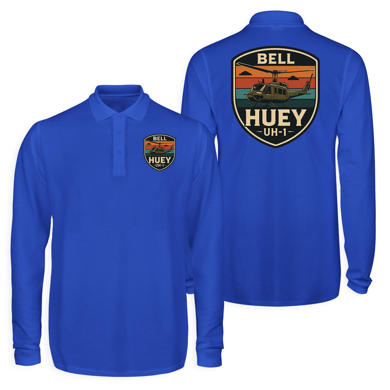Retro BELL HUEY UH-1 Designed Long Sleeve Polo T-Shirts (Double-Side)
