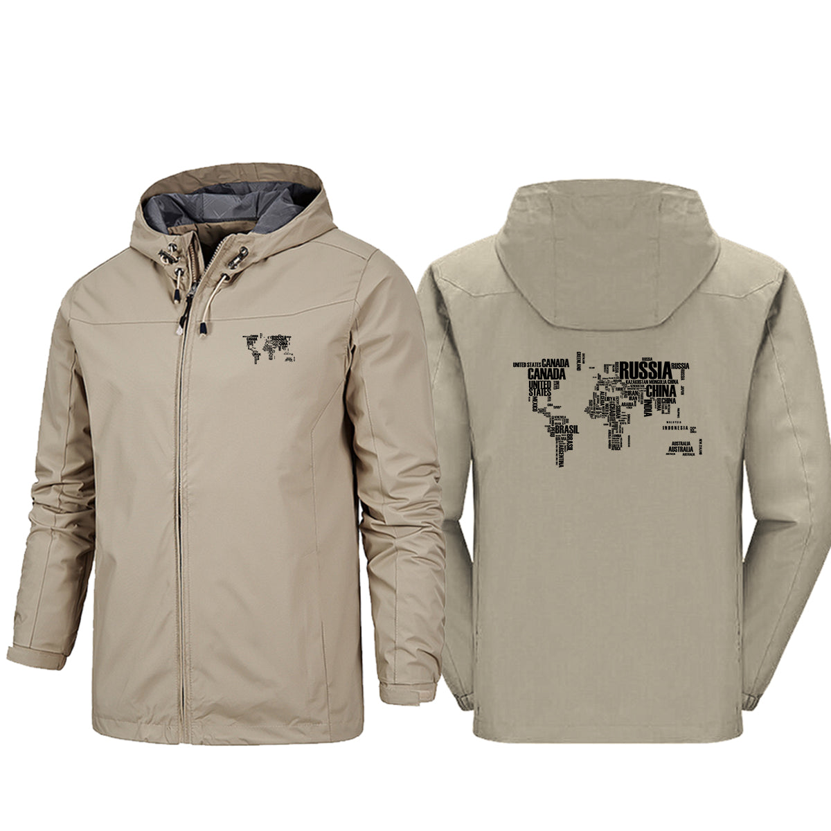 World Map (Text) Designed Rain Jackets & Windbreakers