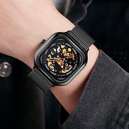 Fully Automatic Mechanical Watch Waterproof Square Stainless Steel Mesh Strap