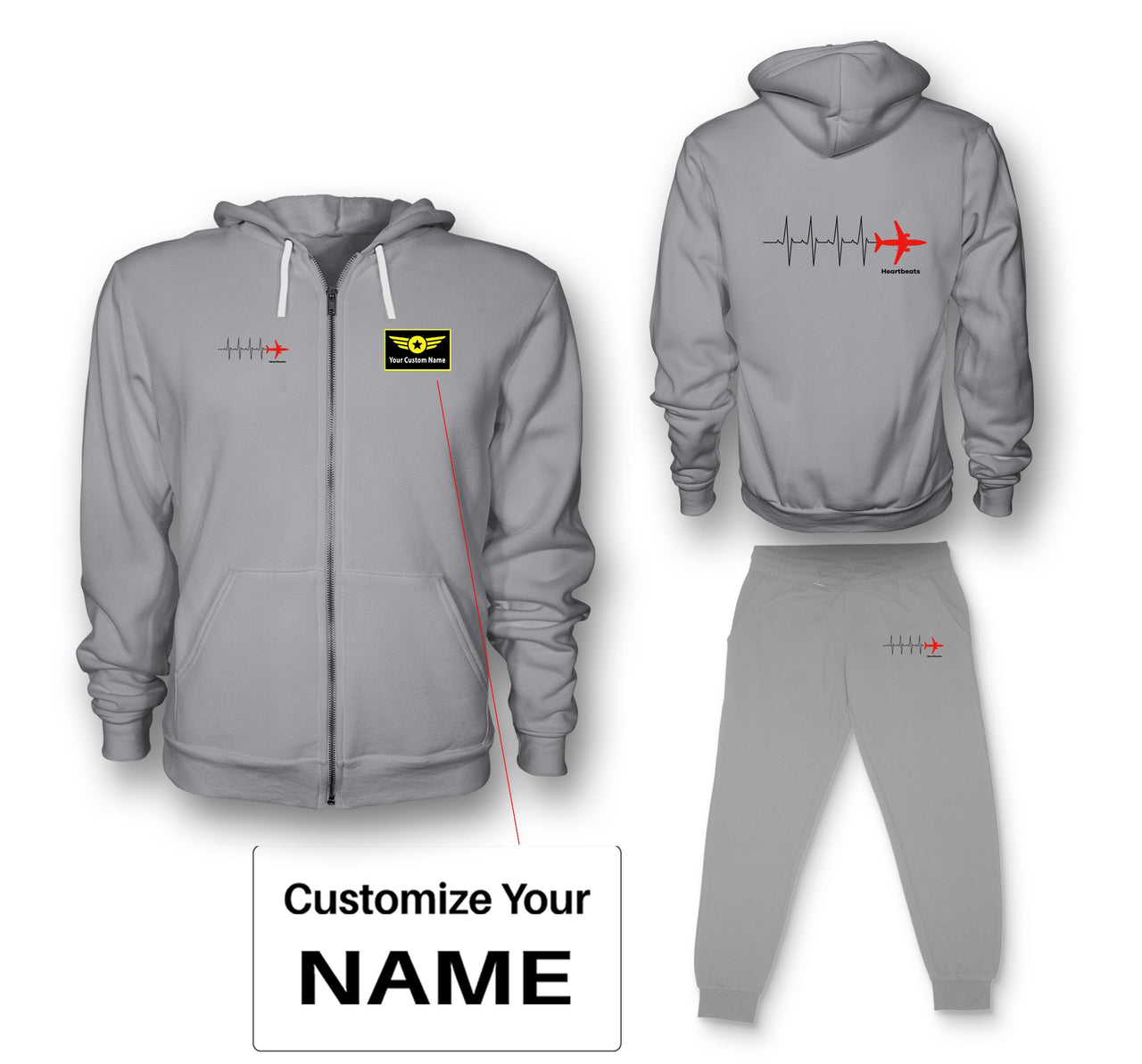Aviation Heartbeats Designed Zipped Hoodies & Sweatpants Set