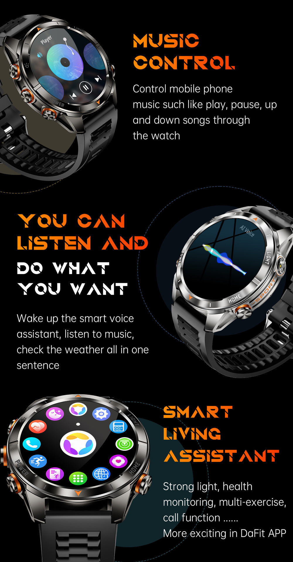 KT88 Sports Smart Watch: 1.7 Inch Fitness Recording Flashlight, Compass & Large Battery