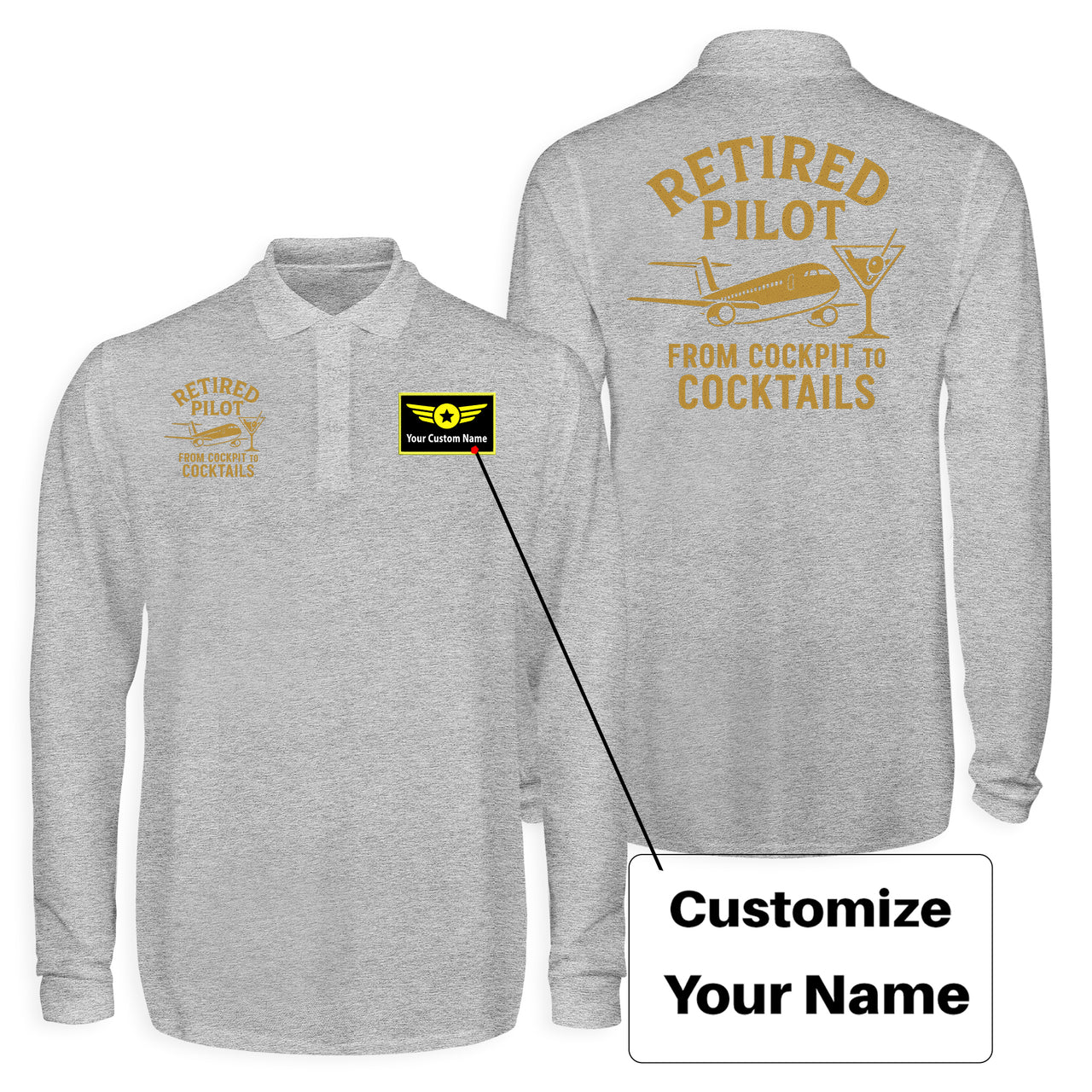 Retired Pilot & Coctails Designed Long Sleeve Polo T-Shirts (Double-Side)